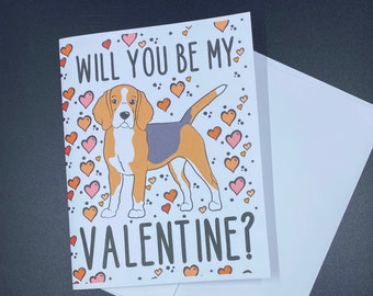 Beagle Valentines Day Card - Will You Be My Valentine Puppy Love Note Card - Holiday Stationery Set or Single Card