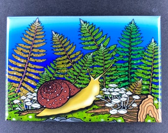 Psychedelic Snail Magnet, Mushroom Forest Art Gift, Retro Kitchen & Office Decor, 2x3" High Quality Handmade Magnet