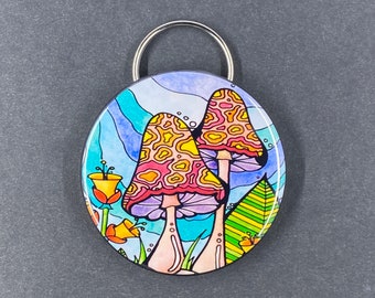 Mushroom Bottle Opener Key Ring, Psychedelic Art Keychain, Whimsical Bartending Gifts, Travel & Camping Accessories, 2.25" Graphic Handmade