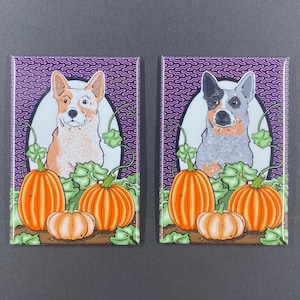 Australian Cattle Dog Pumpkin Patch Magnet, Halloween Heeler Decor, Handmade & Hand Illustrated Cartoon Pet Portrait Gift 2x3