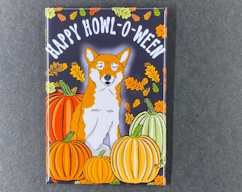 Halloween Akita Magnet, Holiday Dog Kitchen & Office Decor, Retro Pet Portrait Pumpkin Patch Art, 2x3" High Quality Handmade Magnet