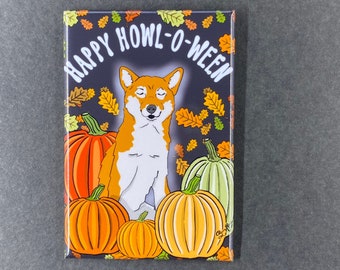 Halloween Akita Magnet, Holiday Dog Kitchen & Office Decor, Retro Pet Portrait Pumpkin Patch Art, 2x3" High Quality Handmade Magnet