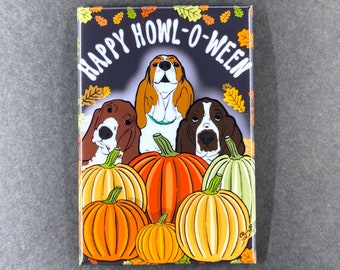 Halloween Basset Hound Magnet, Holiday Dog Kitchen & Office Decor, Retro Pet Portrait Pumpkin Patch Art, 2x3" High Quality Handmade Magnet