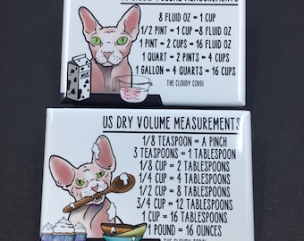 Sphynx Cat Kitchen Measuring Chart Magnet Set, Baking and Cooking Conversion Table Magnets, Set of 2 (2x3") Handmade Fridge Magnets