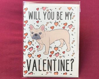 French Bulldog Valentine's Day Card - Will You Be My Valentine? Puppy Love Note Card - Holiday Stationery Set or Single Card