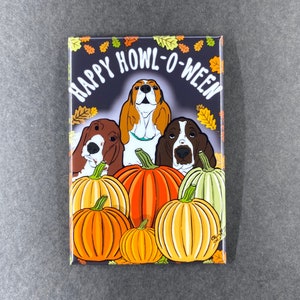 Halloween Basset Hound Magnet, Holiday Dog Kitchen & Office Decor, Retro Pet Portrait Pumpkin Patch Art, 2x3" High Quality Handmade Magnet