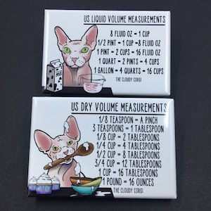 Sphynx Cat Kitchen Measuring Chart Magnet Set, Baking and Cooking Conversion Table Magnets, Set of 2 (2x3") Handmade Fridge Magnets