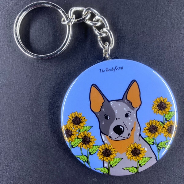 Australian Cattle Dog Keychain, Blue Heeler Key Ring, Sunflower Dog Accessories, Wildflower Dog Portrait Art Gift, 2.25" Graphic Handmade