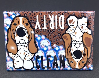 Basset Hound Dishwasher Magnet, Retro Dog Kitchen Decor, Cartoon Pet Portrait Art Gift, 2x3" High Quality Handmade Magnet