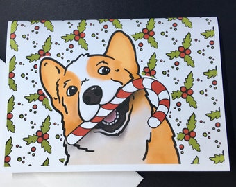 Corgi Christmas Card, Candy Cane Dog Card, Holiday Pet Portrait Gifts, Corgi Christmas Stationery, Available as a Set or Single Card