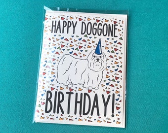 Maltese Happy Doggone Birthday Card - Confetti Celebration Note Card - Cartoon Art Dog Stationery Set or Single Card