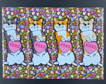 Corgi Magnet, Valentine's Day Dog Portrait Gift, Retro Holiday Kitchen & Office Decor, Dogs and Conversation Hearts Magnet, 2x3" Handmade