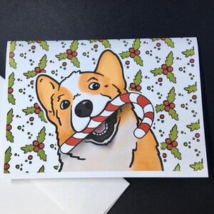 Corgi Christmas Card, Candy Cane Dog Card, Holiday Pet Portrait Gifts, Corgi Christmas Stationery, Available as a Set or Single Card
