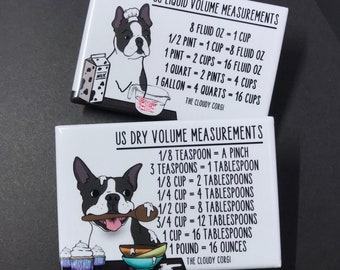 Boston Terrier Dog Kitchen Measuring Chart Magnet Set, Baking and Cooking Conversion Table Magnets, Set of 2 (2x3") Handmade Magnets