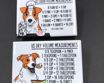 Jack Russell Terrier Dog Kitchen Measuring Chart Magnet Set, Baking and Cooking Conversion Table Magnets, Set of 2 (2x3") Handmade Magnets
