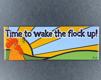 Wake the Flock Up Rooster Magnet – 1.5x4.5" Handmade Funny Chicken Kitchen Decor, Hand Illustrated Retro Sunrise Art