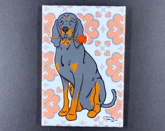 Black Tan Coonhound Rose Magnet, Dog Valentines Day Gift, Retro Kitchen Office Decor, Holiday Pet Portrait Valentine & Anniversary Gift 2x3"