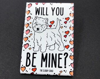 West Highland White Terrier Valentine's Day Gift, 2x3" Handmade Dog Magnet, Westie Pet Portrait Art, Retro Holiday Dog Decor