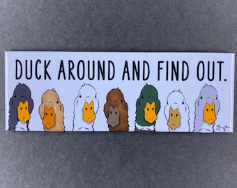 Funny Duck Magnet, Duck Around and Find Out Pet Portrait Art Gift, Retro Farmhouse Kitchen & Office Decor 1.5x4.5" Handmade Magnet