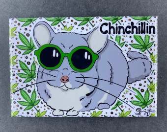 420 Chinchilla Magnet, Stoner Pet Portrait Art Gift, Chinchilla & Weed Kitchen Office Decor 2x3" Handmade Magnet