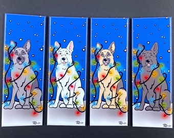 German Shepherd Christmas Lights Magnet, Winter Holiday Dog Decor,  Funny Pet Portrait Gifts, High Quality Handmade Magnet 1.5x4.5"