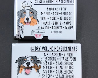 Australian Shepherd Dog Measuring Chart Magnet Set, Baking & Cooking Conversion Table Magnets, Set of 2 (2x3") High Quality Handmade Magnets
