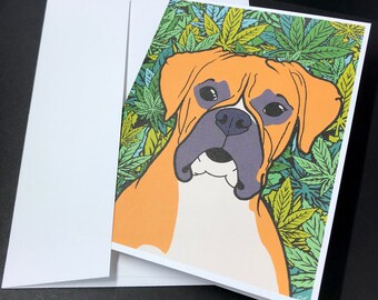Boxer Cannabis Card, Stoner Dog Greeting Card, 420 Dog Stationery Gift, Set or Single Card + Envelope, 5x6.5" Handmade