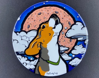Beagle Dog Full Moon Handmade Pet Portrait Art Gifts & Accessories - Magnet, Pinback Button, Bottle Opener, Keychain or Mini Ornament