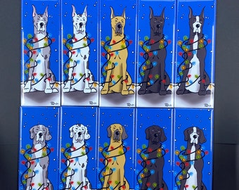 Great Dane Christmas Lights Magnet, Winter Holiday Dog Decor,  Funny Pet Portrait Gift, Handmade Magnet 1.5x4.5"