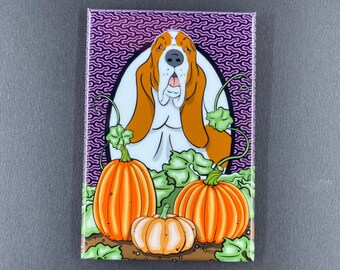 Basset Hound Pumpkin Magnet, Seasonal Dog Portrait Gift, Retro Kitchen & Office Decor, 2x3” Handmade Magnet