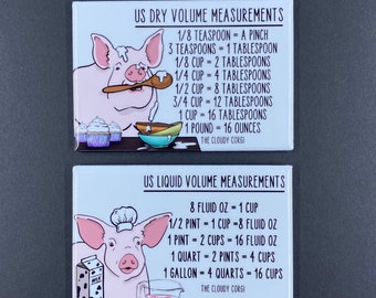 Pig Kitchen Measuring Chart Set, Baking and Cooking Conversion Chart Magnets, Set of 2 (2x3") Handmade Fridge Magnets