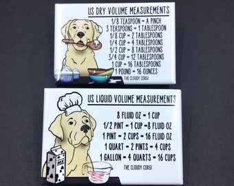Yellow Labrador Retriever Measuring Chart Magnet Set, Cooking & Baking Conversion Charts, Retro Yellow Lab Dog Kitchen Decor, 2-2x3" Magnets