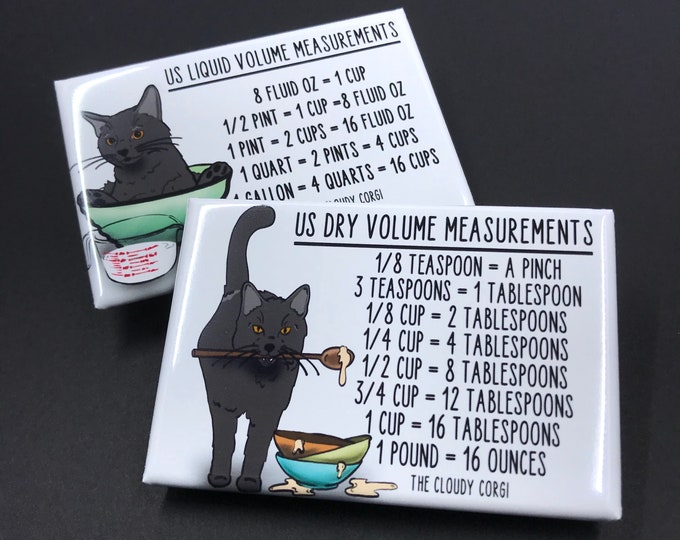Featured listing image: Black Cat Kitchen Measuring Chart Magnet Set, Baking and Cooking Conversion Table Magnets, Set of 2 (2x3") Handmade Magnets