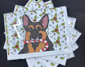 German Shepherd Candy Cane Christmas Card - Winter Holiday Dog Greeting Card - Cartoon Dog Art Note Card Set or Single Card