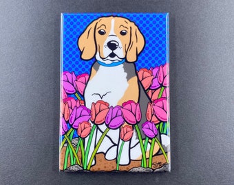 Beagle Dog Magnet – 2x3" Handmade Fridge Art with Tulip Flowers – Cute Cartoon Beagle Illustration for Dog Lovers, Locker or Kitchen Decor