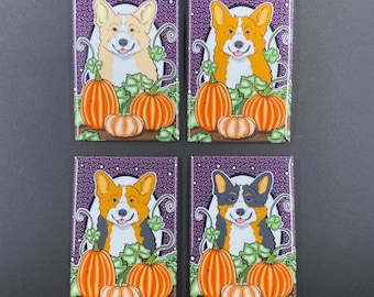 Corgi Pumpkin Magnet, Halloween Pet Portrait Art Gift, Autumn Themed Dog Kitchen & Office Decor, 2x3" Handmade Magnet 4 Colors Available