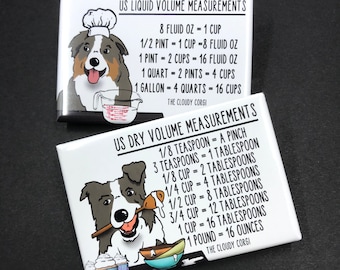 Border Collie Dog Kitchen Measuring Chart Magnet Set, Baking and Cooking Conversion Table Magnets, Set of 2 (2x3") Handmade Fridge Magnets