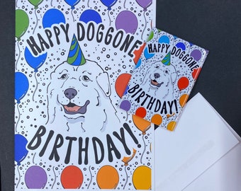 Great Pyrenees Dog Birthday Gift, Handmade Celebration Greeting Card & Magnet Set, Rainbow Dog Birthday Card, Retro Pet Portrait Decor Gift