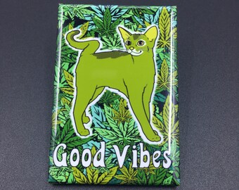 Cannabis Cat Magnet, 420 Cat Decor, Mini Cartoon Pet Portrait, Good Vibes Magnet, Cat Lover Stoner Gifts, 2x3" High Quality Handmade Magnet