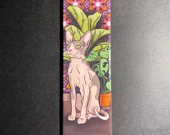 Sphynx Cat Magnet – Handmade 1.5x4.5" Illustrated Hairless Cat Fridge Art, Plant Lover Gift, Pink & Green Retro Kitchen Decor
