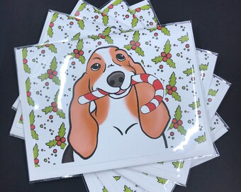 Basset Hound Candy Cane Christmas Card, Winter Holiday Hound Dog Greeting Card, Christmas Dog Art Note Card, Basset Hound Card Set