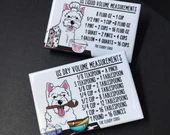 West Highland White Terrier Dog Kitchen Measuring Chart Magnet Set, Baking and Cooking Conversion Magnets, Set of 2 (2x3") Handmade Magnets