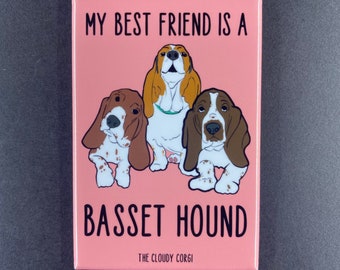 Basset Hound Magnet, Retro Dog Kitchen & Office Decor, Cartoon Pet Portrait Mini Art Gift, 2x3" High Quality Handmade Magnet