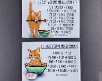 Orange Tabby Cat Kitchen Measuring Chart Magnet Set, Baking and Cooking Conversion Table Magnets, Set of 2 (2x3") Handmade Magnets
