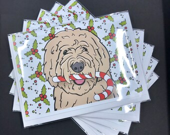 Goldendoodle Christmas Card, Winter Holiday Dog Greeting Card, Candy Cane Pet Portrait Stationery Gifts, Card Set or Single Card Available