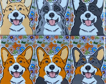 Welsh Corgi Magnet, Retro Dog Kitchen Decor, Pet Portrait Art Gift, Flower Power Dog Locker Decoration, 2x3" High Quality Handmade Magnet