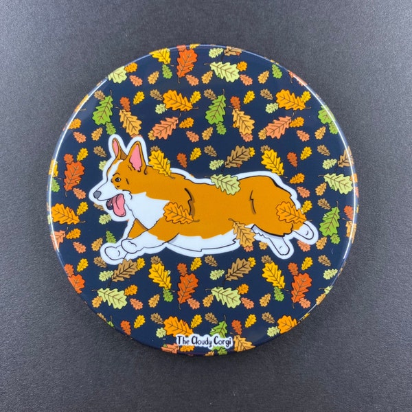 Welsh Corgi Running in the Leaves Magnet, Autumn Holiday Pet Art Gift, Halloween Dog Magnet, 3.5" High Quality Handmade Magnet