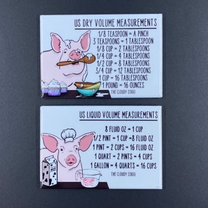 Pig Kitchen Measuring Chart Set, Baking and Cooking Conversion Chart Magnets, Set of 2 (2x3") Handmade Fridge Magnets