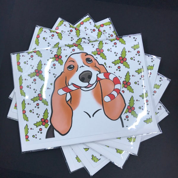 Basset Hound Candy Cane Christmas Card, Winter Holiday Hound Dog Greeting Card, Christmas Dog Art Note Card, Basset Hound Card Set