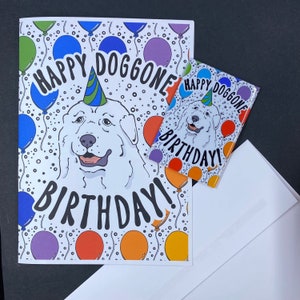 Great Pyrenees Dog Birthday Gift, Handmade Celebration Greeting Card & Magnet Set, Rainbow Dog Birthday Card, Retro Pet Portrait Decor Gift